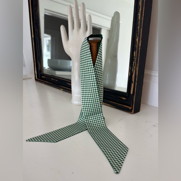 Green Gingham Ribbon Bag Scarf for bags, hair, neck, hats. - Picture 6 of 7